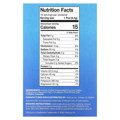 VitaCup, кофе и электролиты для гидратации, средней обжарки, 18 капсул по 4,5 г (0,16 унции)