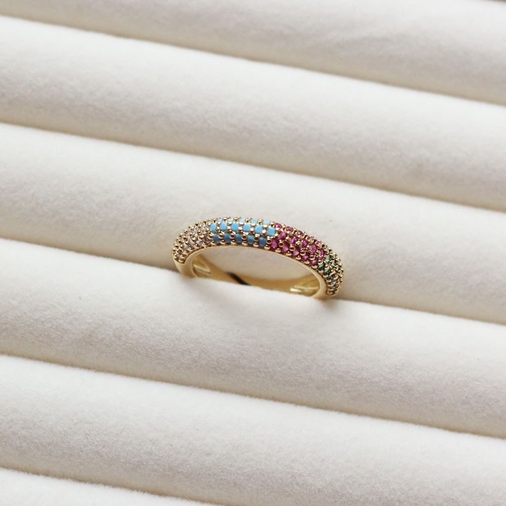 Д135 Кольцо с цветными фианитами, микс цветов, позолота