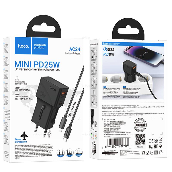 Зарядное устройство на Lightning Hoco AC24 Mini PD25W+QC3.0 (black)