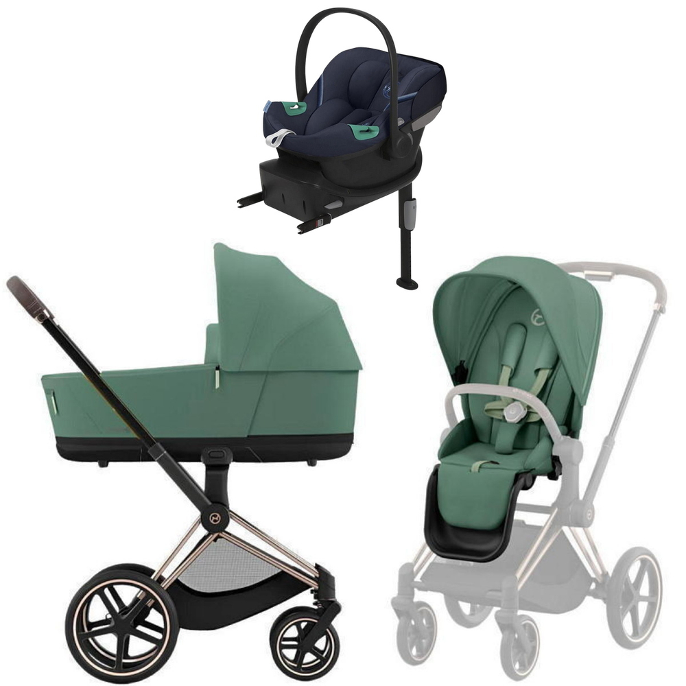 Коляска Cybex Priam IV Rosegold complete Aton S2 Ocean Blue Base One 4 в 1 Leaf Green