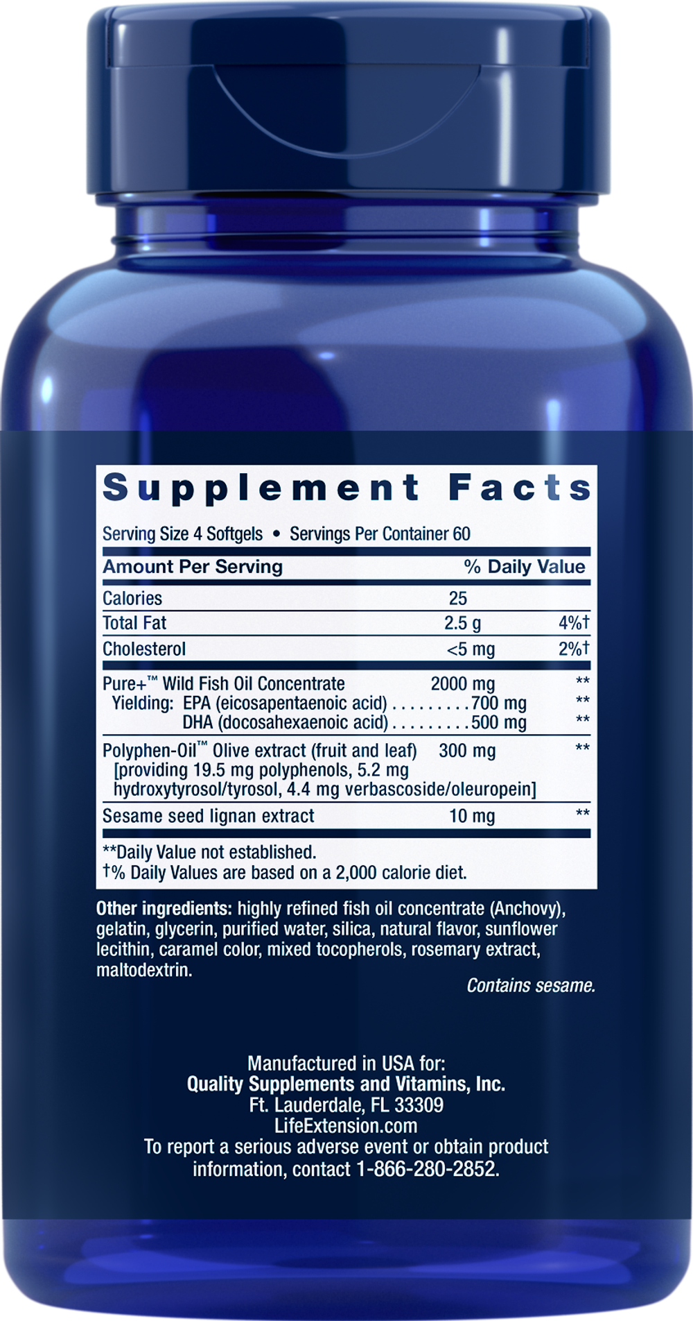 Super Omega-3 EPA/DHA Fish Oil, Sesame Lignans & Olive Extract Softgels капсулы Life Extension
