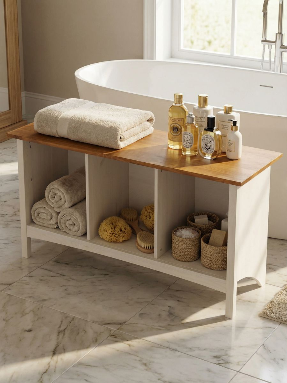 Банкетка в прихожую, 105х35х50, Паула, деревянная, cкамья для ванной, тумба для ванной, белый/черри, Dipriz