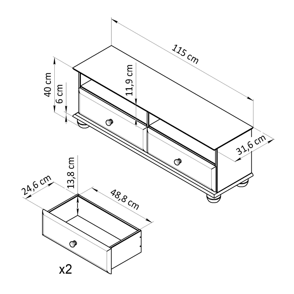 Тумба под телевизор 115х32х40, Бритта, напольная, с ящиками и полками, массив сосны, в натуральной отделке, Dipriz