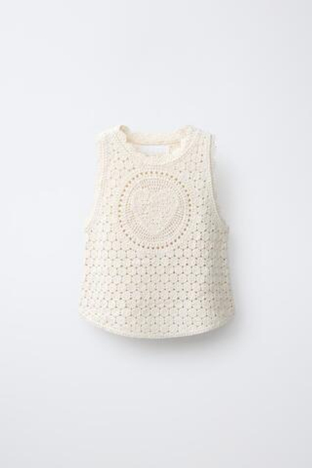 ZARA ВЯЗАНЫЙ КРОП-ТОП ИЗ КРУЖЕВА КРОШЕ С УЗОРОМ «СЕРДЦЕ», ЭКРЮ