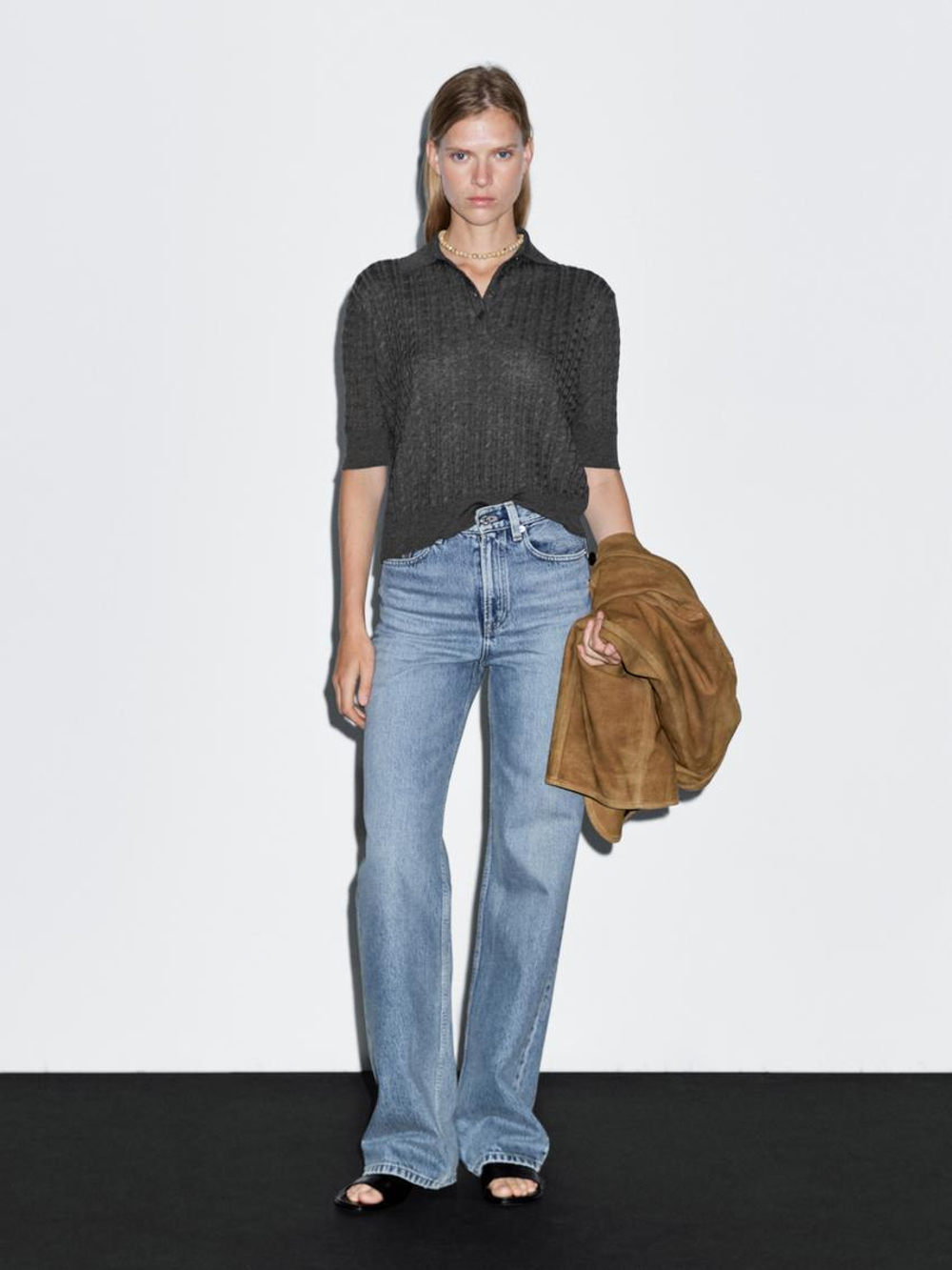 Massimo Dutti Поло из смесовой шерсти с узором «косы», антрацитово-серый