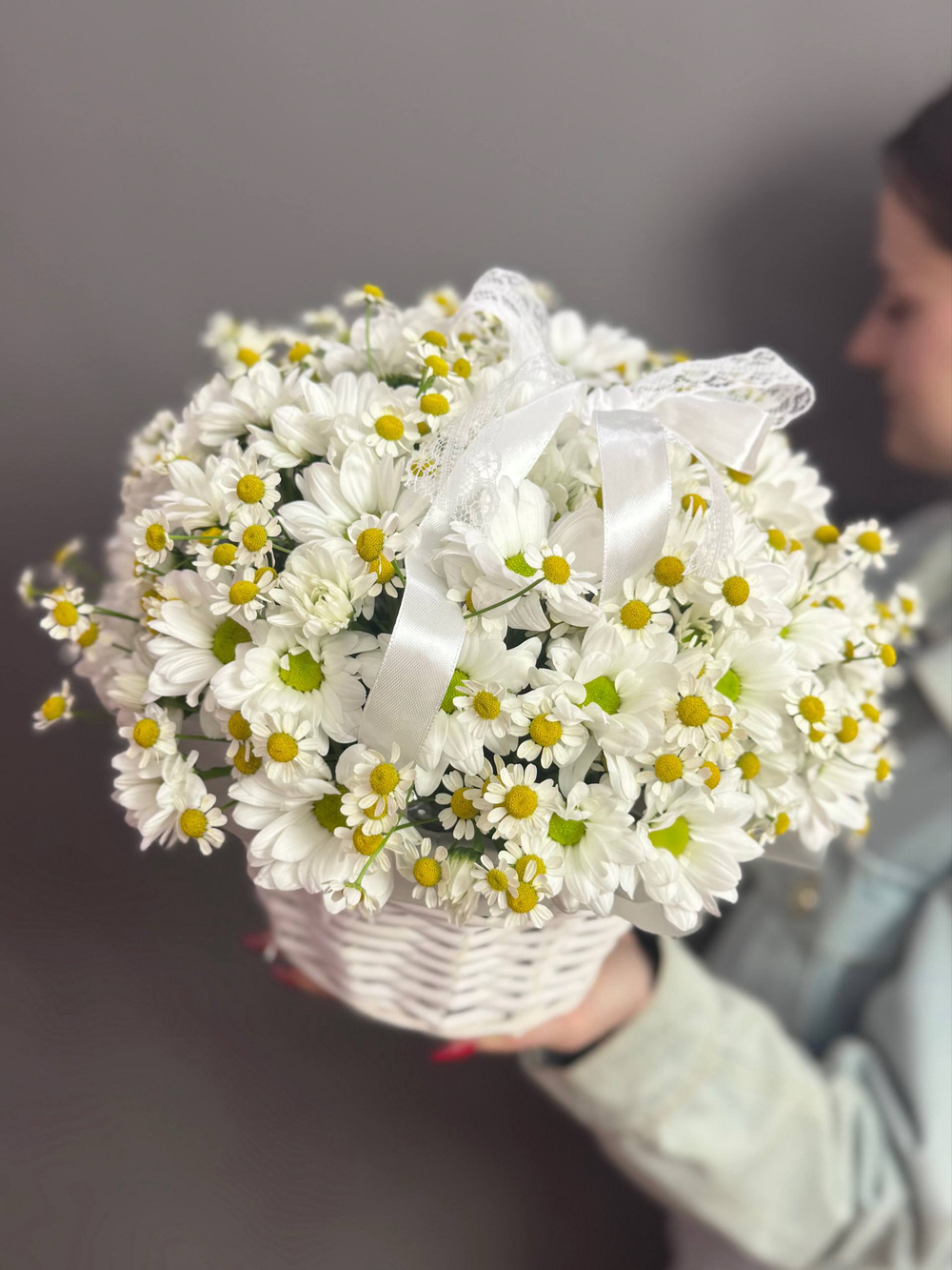 Корзина с белыми ромашками