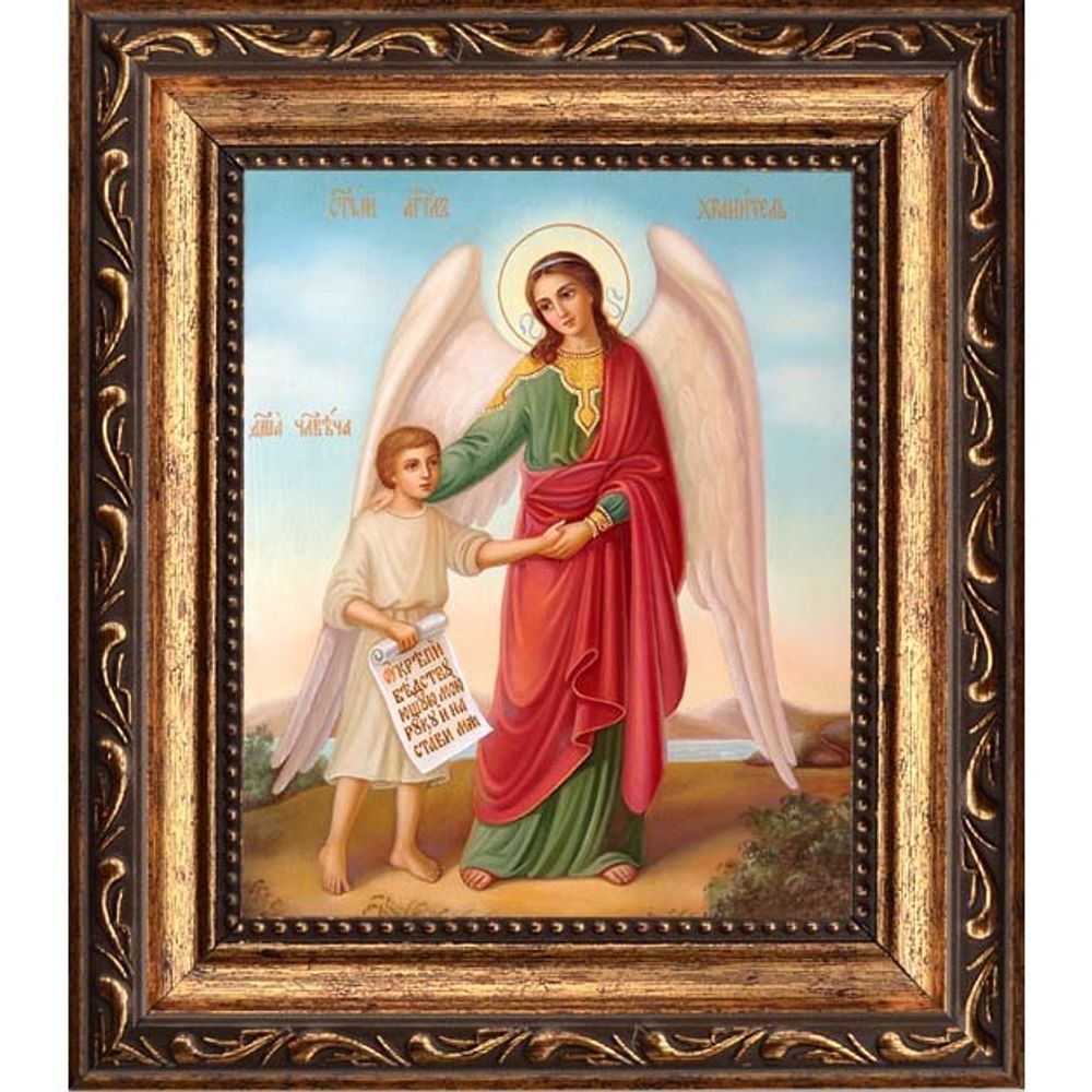 Ангел Хранитель с душой человека. Икона на холсте.