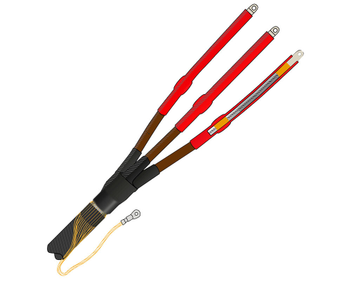 Муфта термоусаживаемая внутренней установки на трехжильный кабель с СПЭ-изоляцией без брони на напряжение до 10 кВ с проволочным экраном 3ПКВТпНнг-LS-10-35...50-КПЭ (с наконечниками)