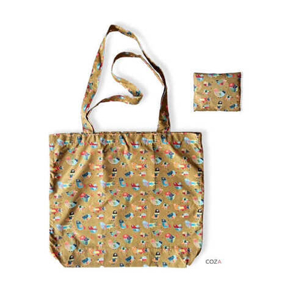 Сумка-шоппер COZA складная с принтом "Птички", горчичный фон, 35х41 см