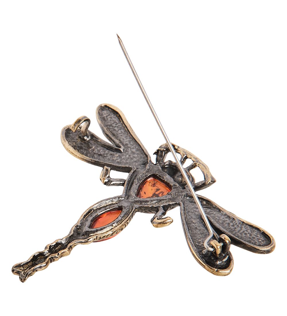 AM- 950 Брошь «Стрекоза» (латунь, янтарь)