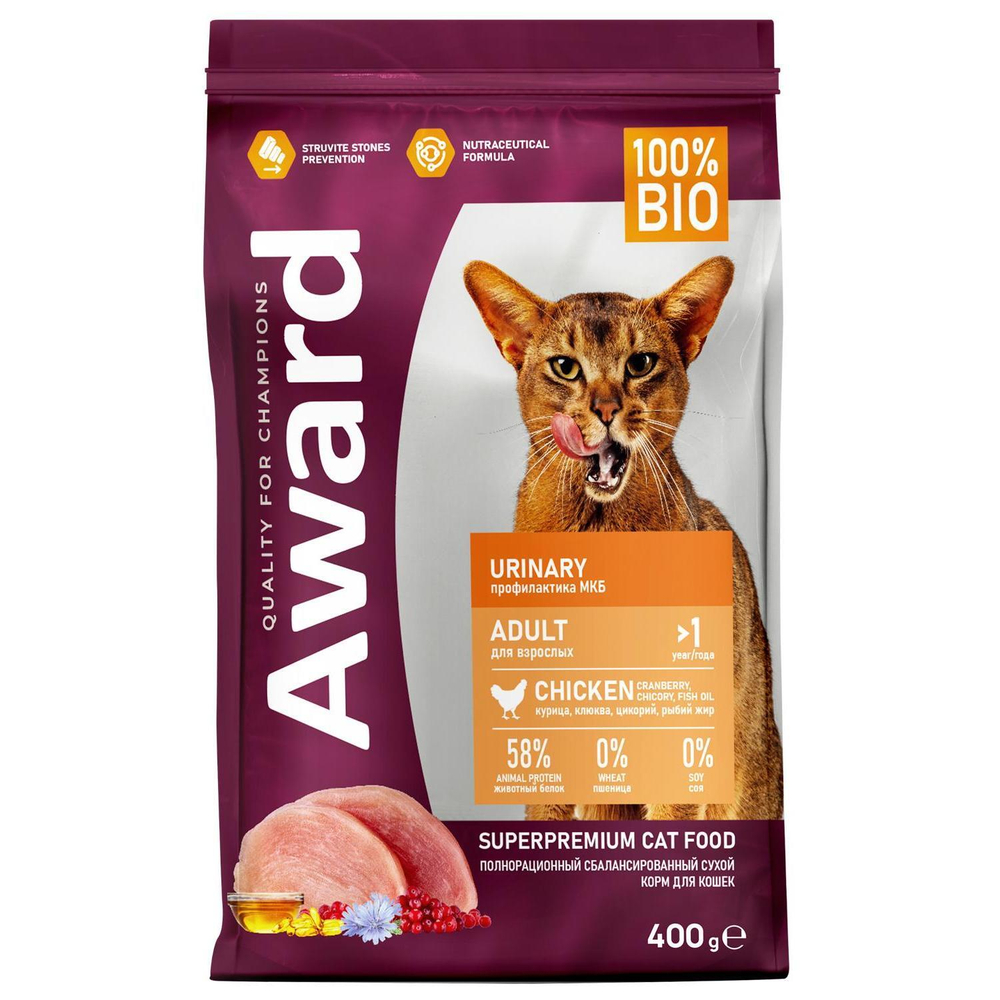 Корм для кошек AWARD Urinary , 400 г, курица с клюквой , цикорием и рыбьим жиром