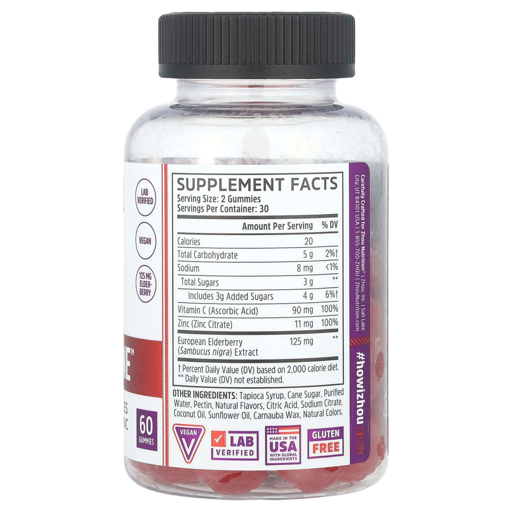 Zhou Nutrition, Elder-Mune ™, максимальная крепость, натуральное ягодное ассорти, 60 жевательных мармеладок