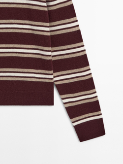 Massimo Dutti Свитер поло из 100% кашемира в полоску, цвет бургундского вина