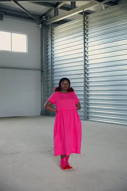 Платье с кулиской с коротким рукавом из льна фуксия