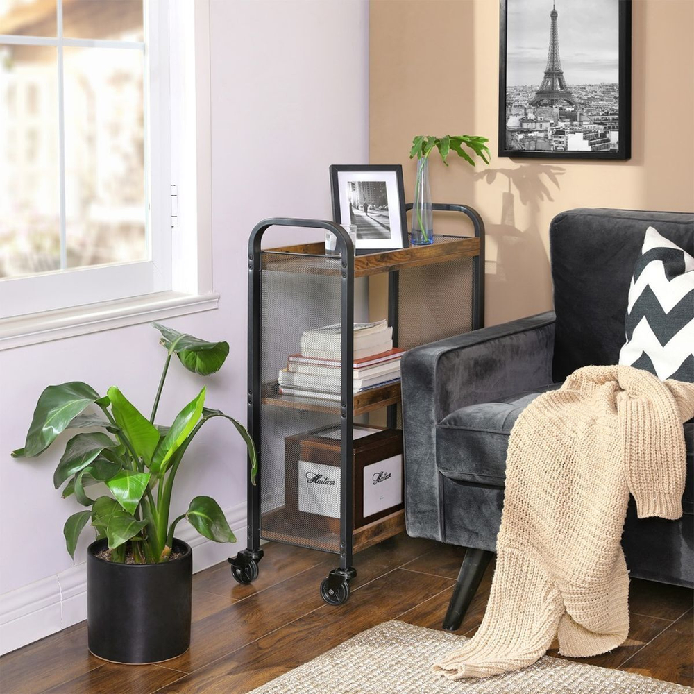 Полка универс, ДСП+сталь, 3 секц, 66х26х85 см, на колесах, корич-черн, Vasagle, Лофт, LRC66BX