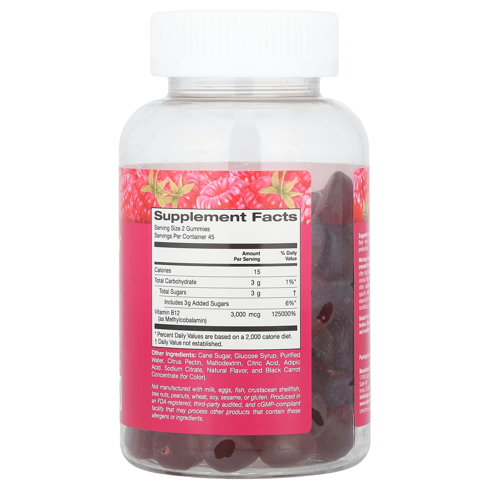 California Gold Nutrition, жевательный витамин B12, с натуральным малиновым вкусом, без желатина, 3000 мкг, 90 жевательных таблеток (1500 мкг в 1 таблетке)
