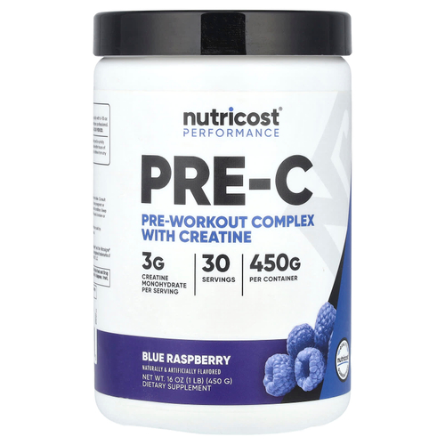 Nutricost, Предтренировочный комплекс для повышения производительности, предтренировочный комплекс с креатином, голубой малиной, 450 г (1 фунт)