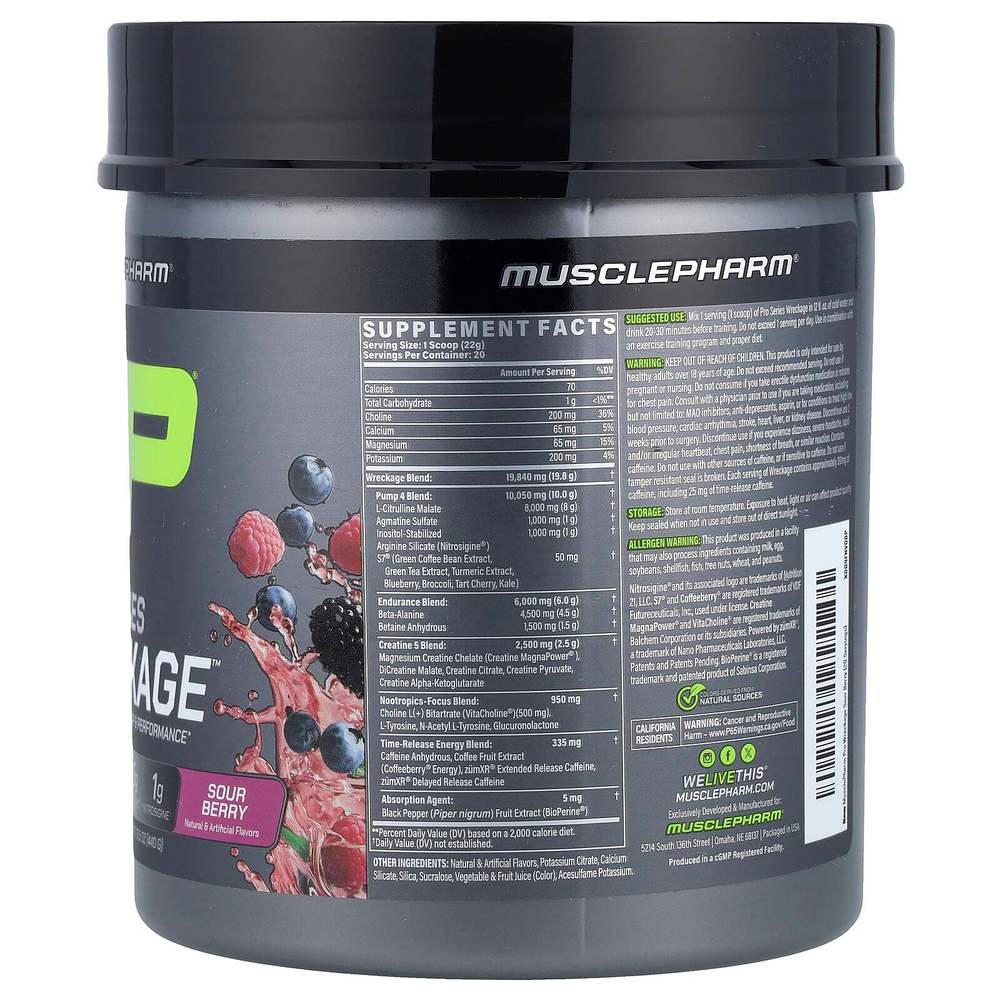 MusclePharm, Pro Series Wreckage™, предтренировочный комплекс, со вкусом кислых ягод, 440 г (15,5 унции)