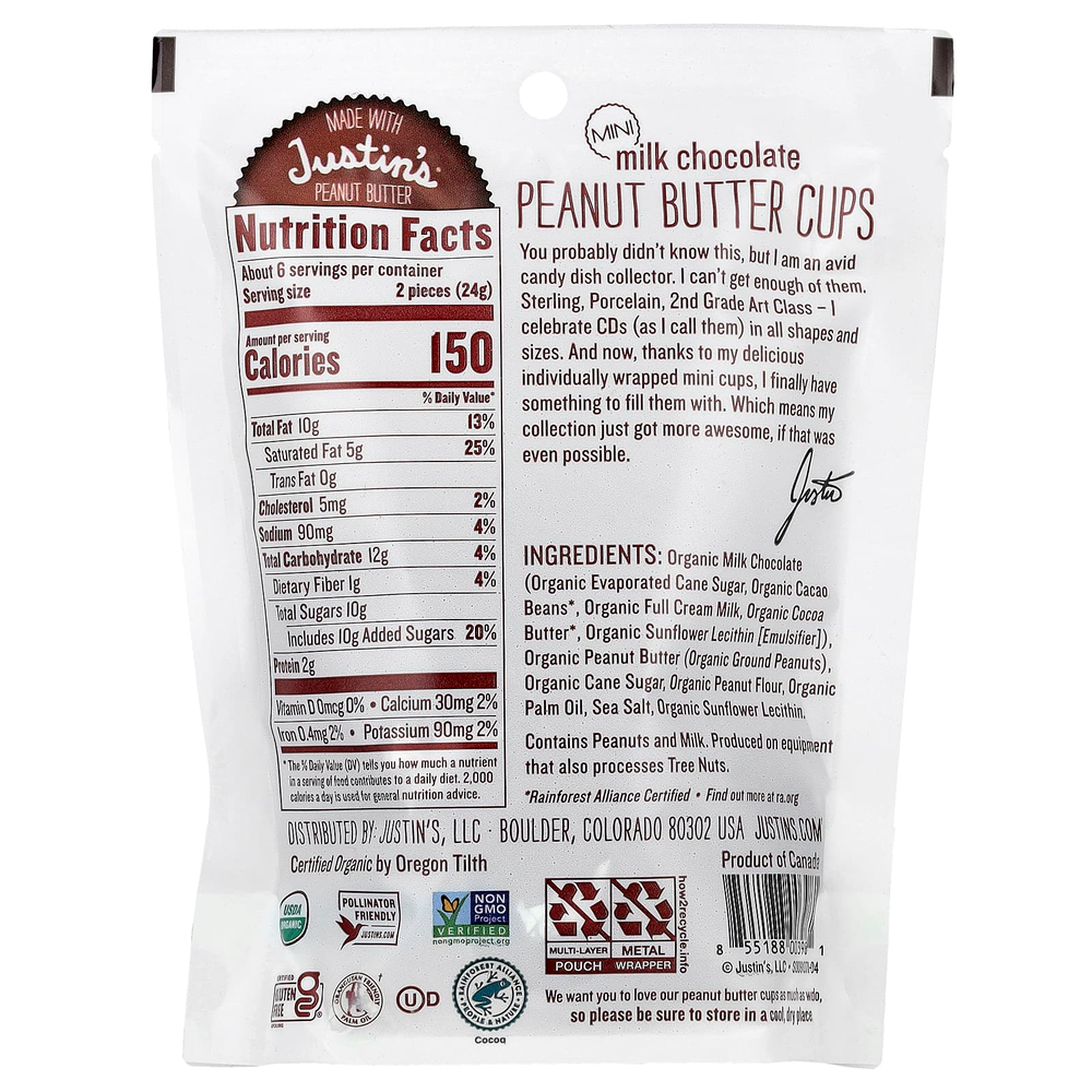 Justin's Nut Butter, Органический молочный шоколад в мини-стаканчиках с арахисовой пастой, 133 г (4,7 унции)