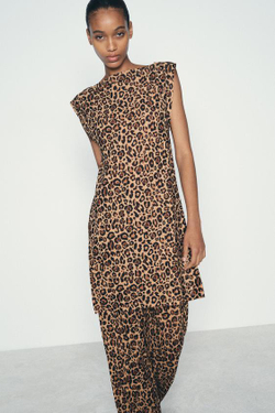 ZARA ДЛИННЫЙ ТРИКОТАЖНЫЙ ТОП С АНИМАЛИСТИЧЕСКИМ ПРИНТОМ, ЛЕОПАРДОВЫЙ