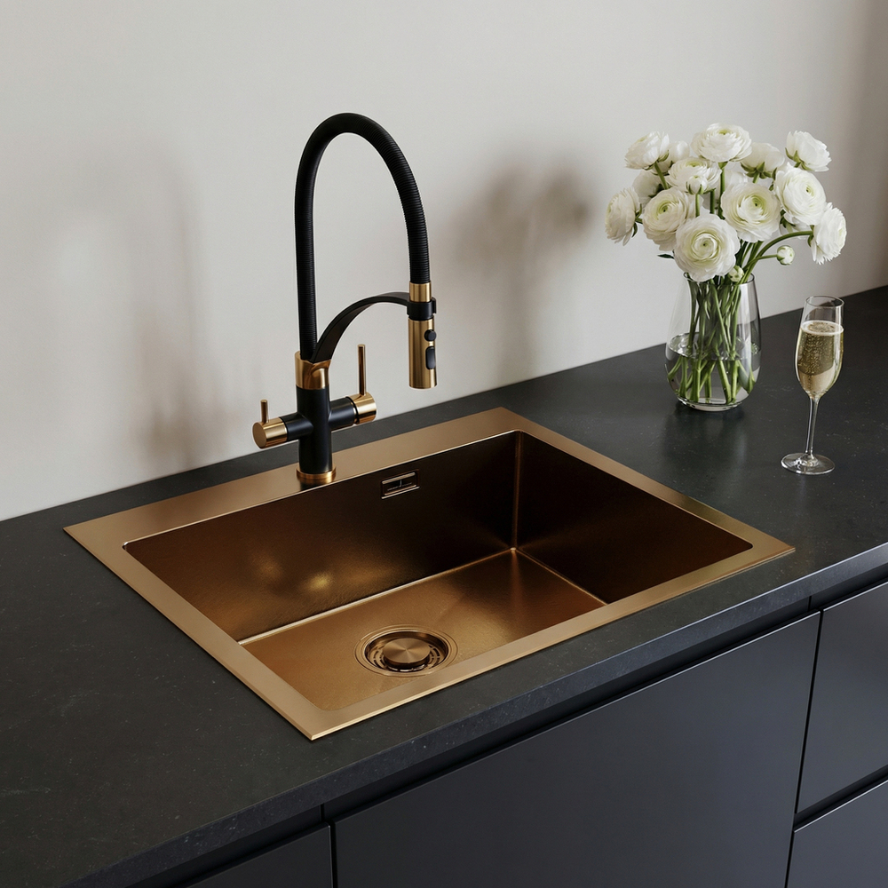 Мойка настол.монтаж 60х50 (3,0) вып 3 1/2  MIXLINE ПРО С ФАСКОЙ 22см с сифоном (бронза)