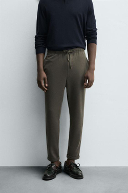 ZARA БРЮКИ EASY CARE С ПОЯСОМ НА ШНУРКЕ, ТЕМНЫЙ ХАКИ
