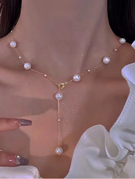 Колье галстук с жемчугом (искусственным) цепочка золотистая