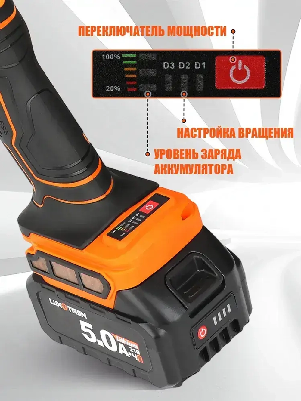 Болгарка аккумуляторная бесщеточная с регулировкой оборотов Luxotron, УШМ, 125мм, 3000-9000 об/мин, 2 АКБ 5.0 Ач, 21В, углошлифовальная машина, плиткорез электрический