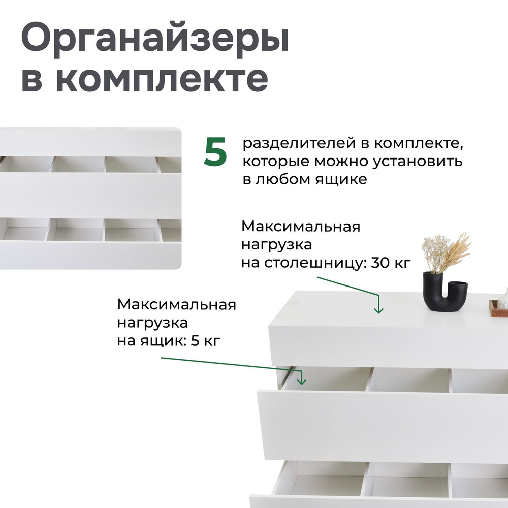 Комод белый Оланд без ручек 3 ящика для вещей и одежды с органайзерами для ящиков