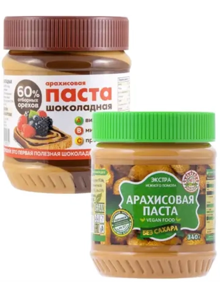 Арахисовая паста Шоколадная, Без Сахара ассорти 340 г * 2 шт