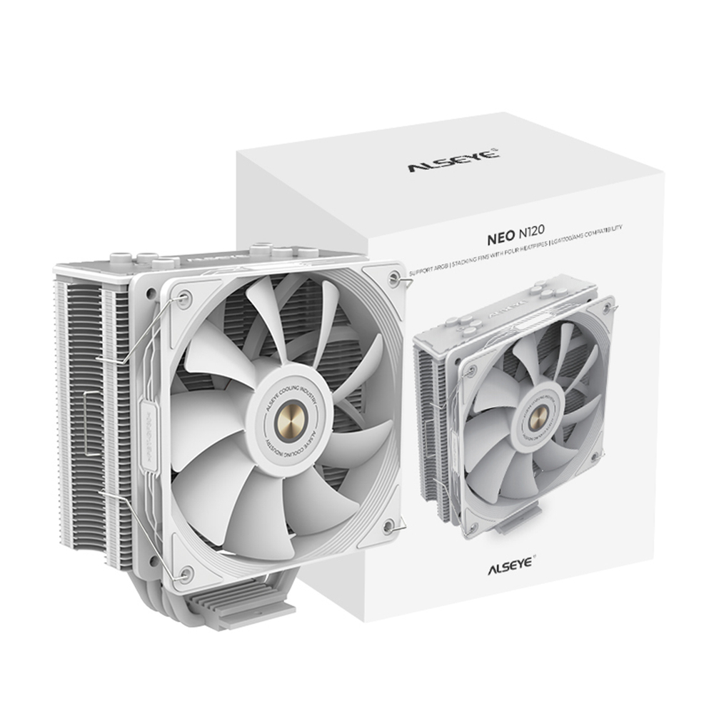 Кулер для CPU Alseye N120, 1х120мм, 800-1800rpm, 4-pin, Al+Cu, белый/ARGB, 73.9CFM, 33.2дБ, 4-PIPE(прямой контакт), TDP 180Вт, INTEL 1700/1200/115x/1366, AMD AM5/AM4/AM3 (AS.01.05.0013)