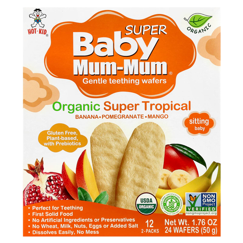 Hot Kid, Super Baby Mum-Mum®, печенье для прорезывания зубов, для малышей, органические тропические суперфрукты, 12 упаковок по 2 печенья