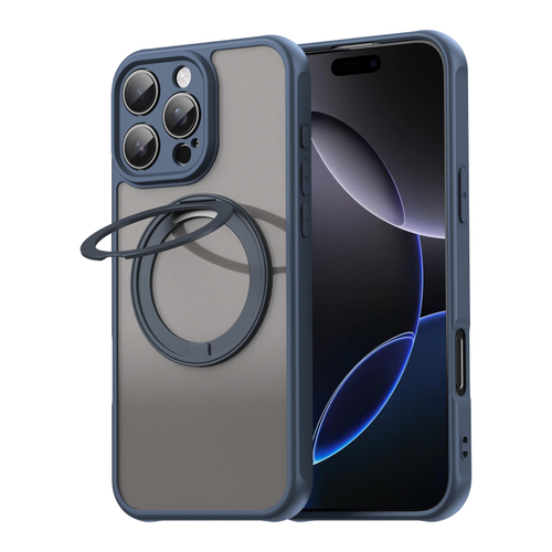 Матовый синий чехол с магнитным поворотным кольцом для iPhone 16 Pro, поддержка MagSafe