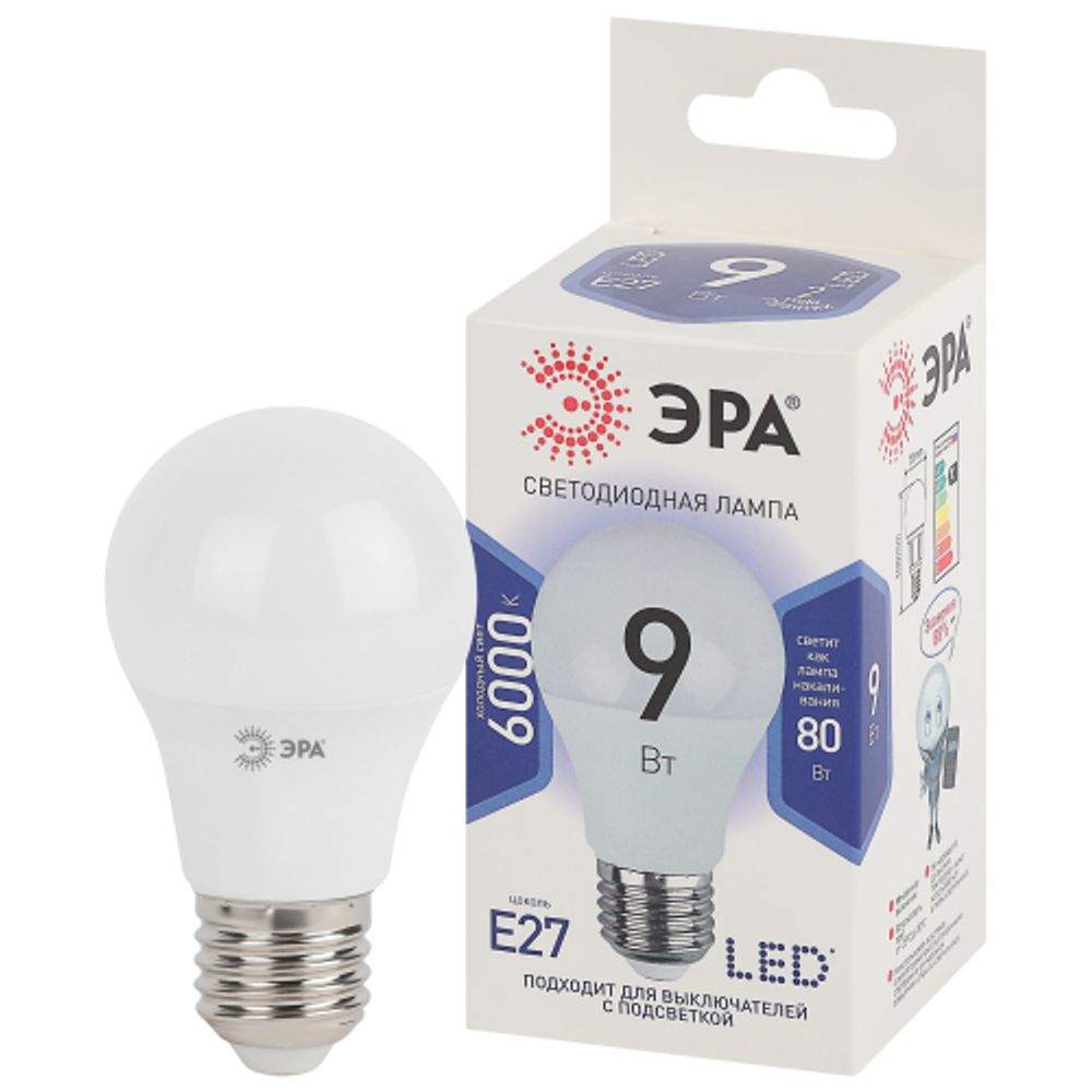 Лампа светодиодная ЭРА STD LED A60-9W-860-E27 9Вт груша холодный дневной свет Е27 | Лампы cветодиодные Груша (A)