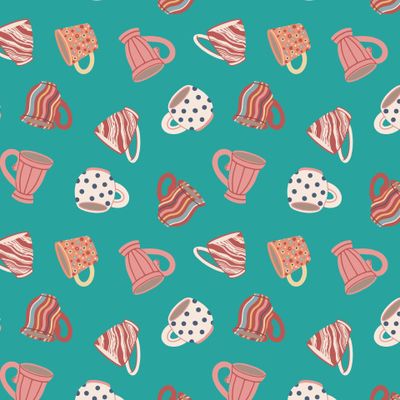 Кружки и чашки  на изумрудно-бирюзовом фоне.