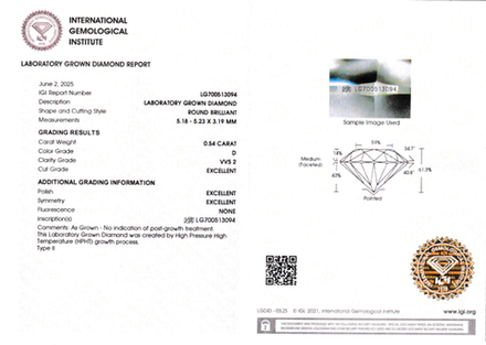 Лабораторно-выращенный бриллиант Кр-57 5.18-5.23 мм D/VVS2 0.54 ct