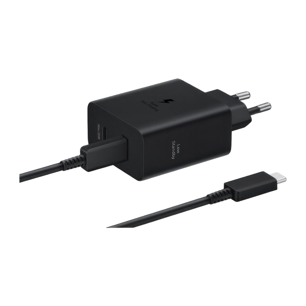 Сетевое зарядное устройство Samsung Duo мощностью 50 Вт (2 USB-C) (GaN) и кабель USB-C (1,8 м) (EP-T5020)