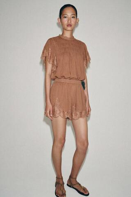 ZARA КРУЖЕВНЫЕ ШОРТЫ — ZW COLLECTION, ЧЕРЕПИЧНЫЙ