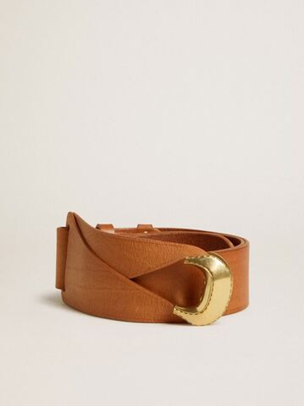 Women's brown leather belt with semi-circular gold buckle