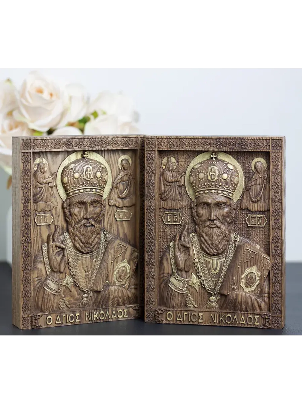 Николай Чудотворец деревянная резная икона, ясень