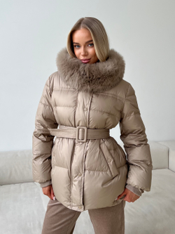 Пуховик Fresh миди с поясом песочный