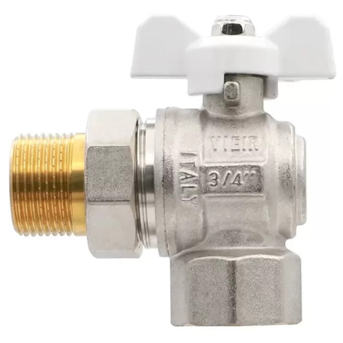 Кран VIEIR шаровый угловой с разьемным соединением (американка) 3/4" НВ, бел. Бабочка (64/6) VER48B