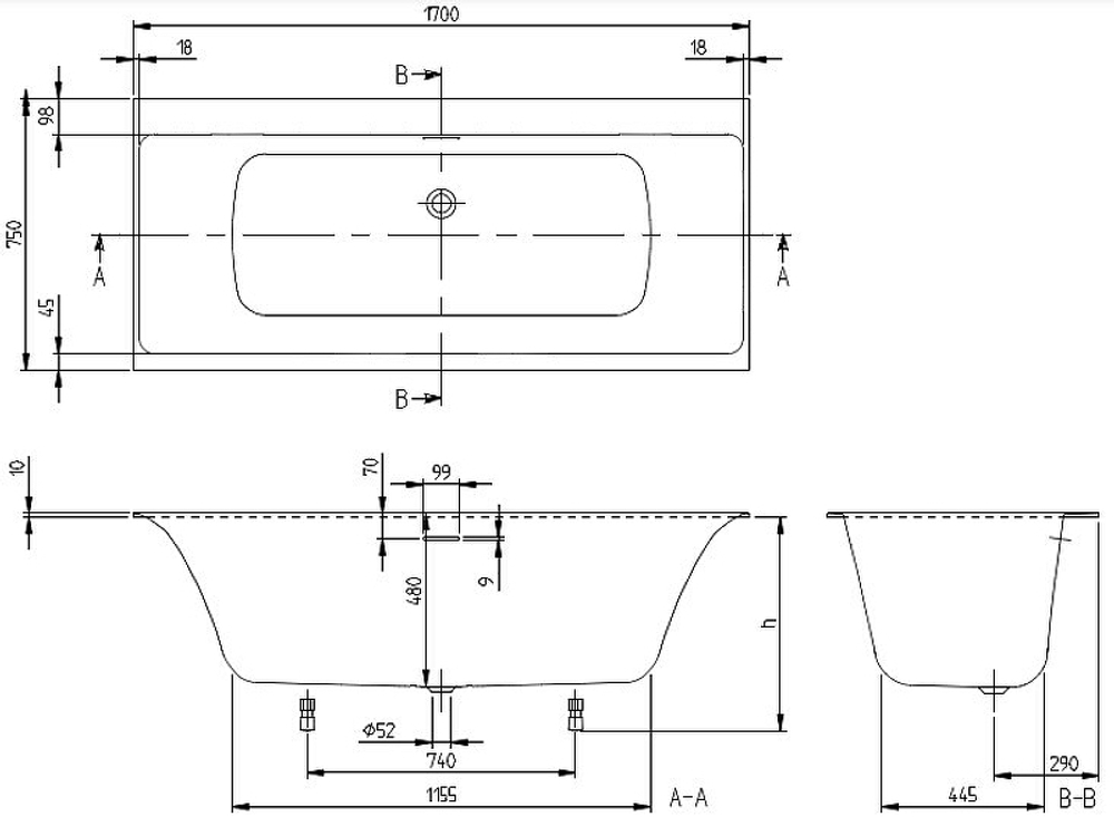 Квариловая ванна Villeroy&Boch Subway 3.0 170х75 UBQ170SBW2DV-01 без гидромассажа