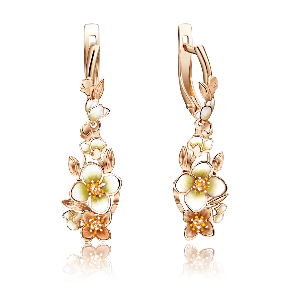 Серьги «Жасмин» с английским замком из красного золота с эмалью