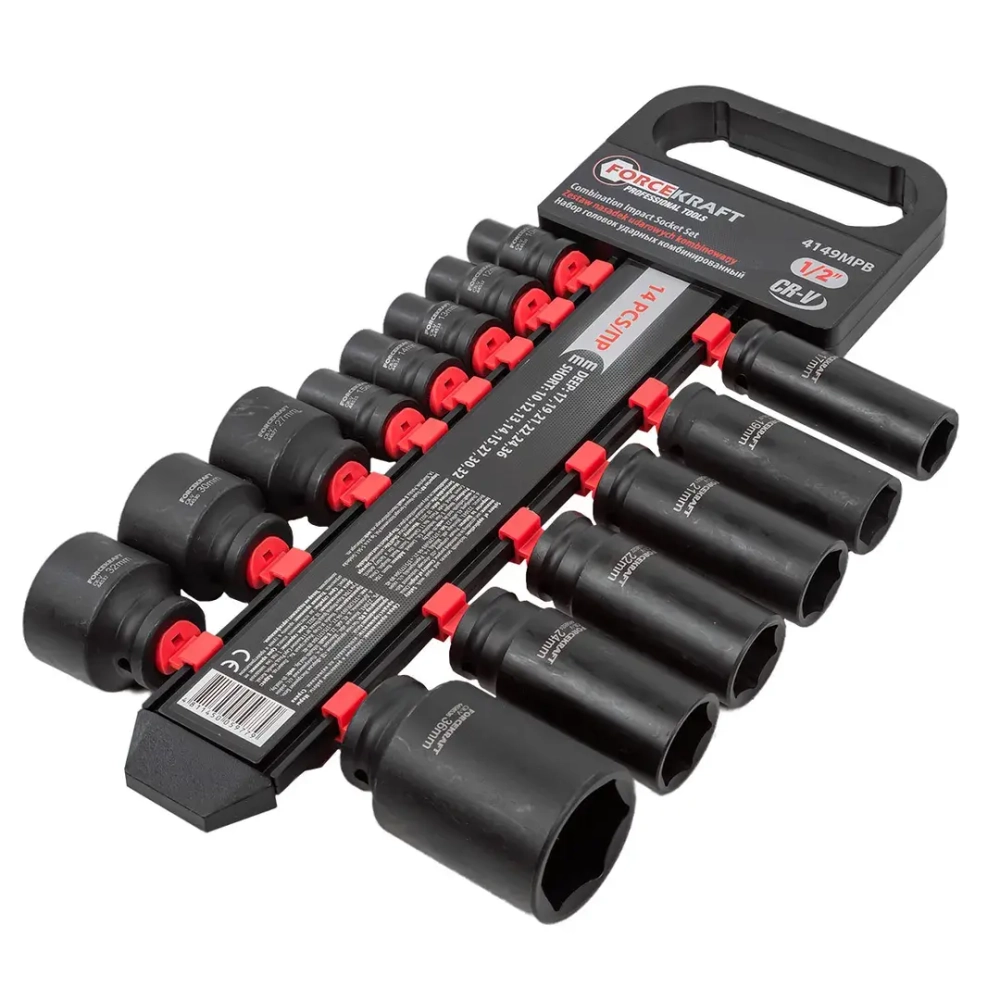 Набор головок ударных комбинированный 14пр.,1/2''(короткие:10,12-15,27,30,32мм,глубокие:17,19,21,22,24,36мм),на пластиковом держателе FORCEKRAFT FK-4149MPB