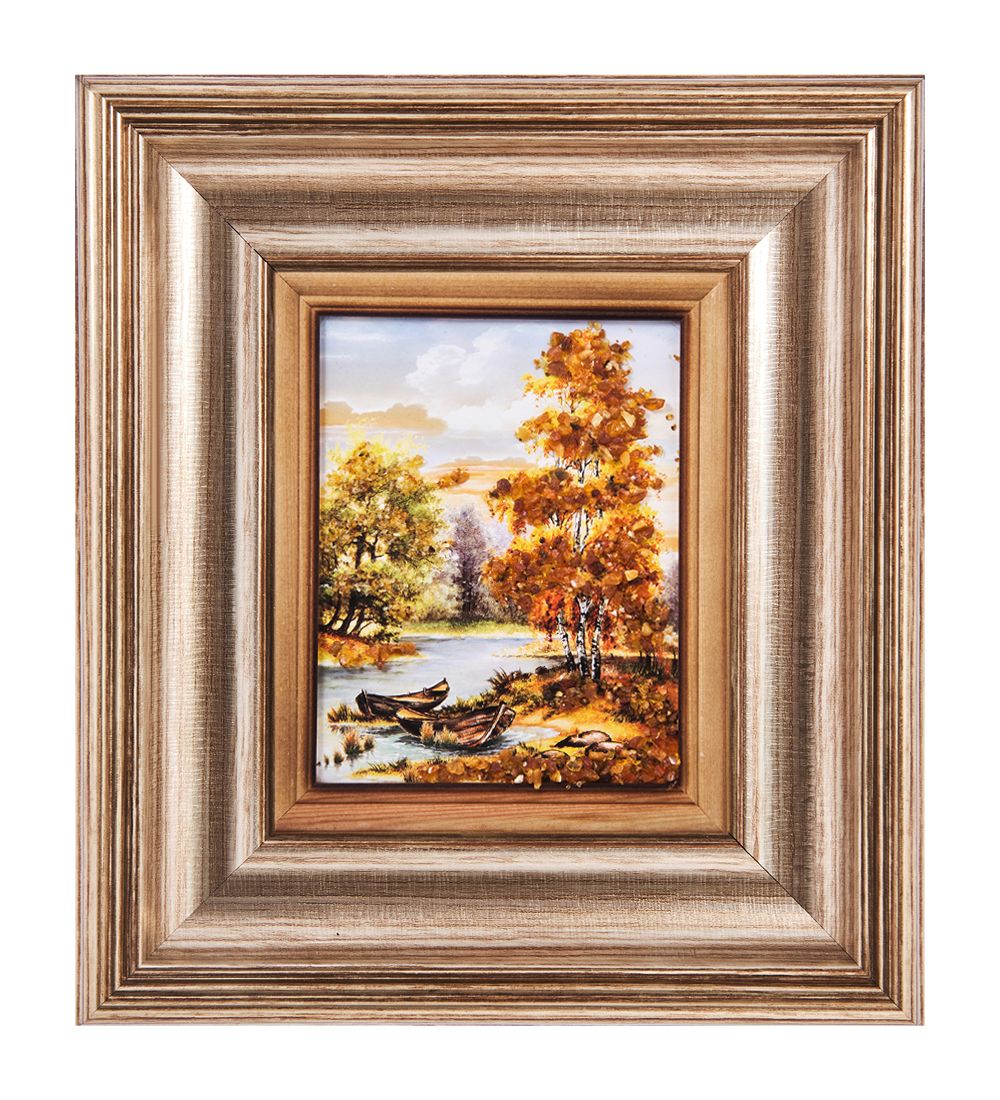 AMB-04/ 9 Картина «Лодки на реке» (с янтарной крошкой) H-18см