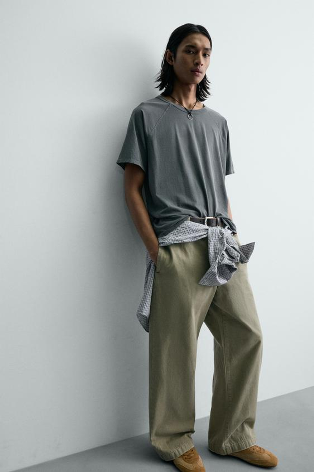 ZARA БРЮКИ ЧИНОСЫ ШИРОКОГО КРОЯ, ЗЕЛЕНЫЙ/СЕРЫЙ