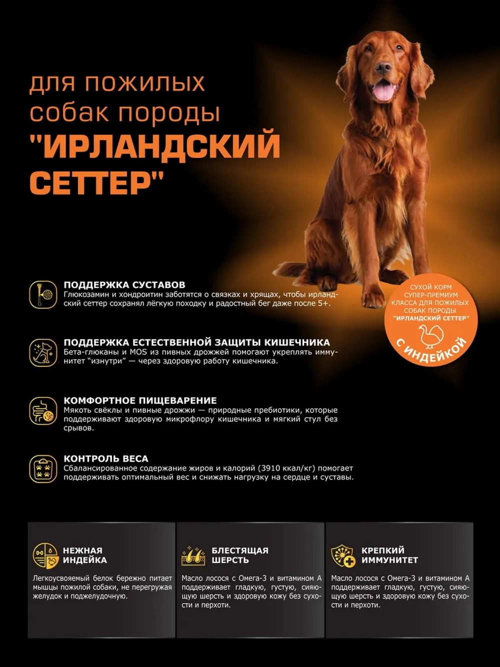 Корм для Ирландский сеттер старше 5 лет, с индейкой, 3 кг