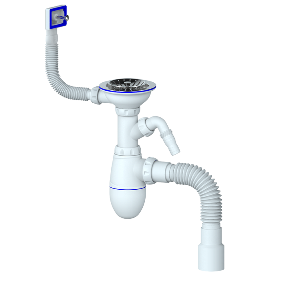 Сифон для мойки с прямоугольным переливом, отвод для стиральной/посудомоечной машины, гибкий отвод в канализацию UNICORN В435V