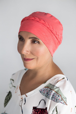 Шапочка КЛЭР с косичкой, тюрбан из хлопка, коралловый Elza Meyger